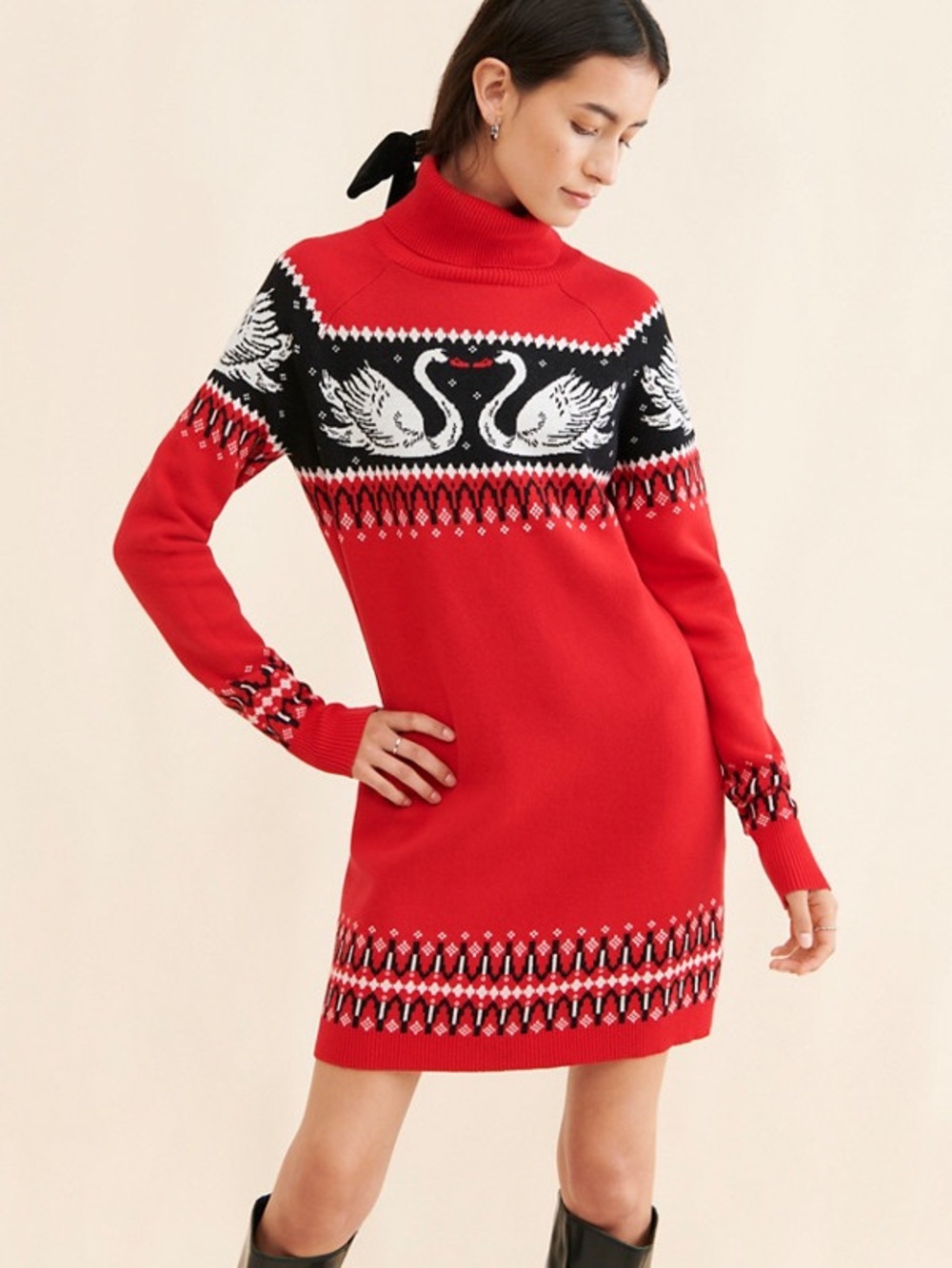 XS Rachel antonoff Nina turtleneck knit sweater dress red black swan pattern